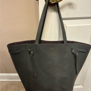 Celine Dark Gray Leather Tote with Gold Logo